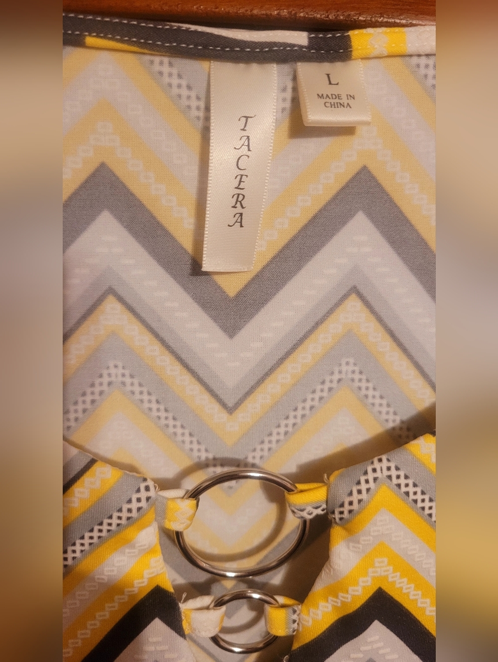 Tacera Yellow, Gray & White Chevron Shift Dress with Ring Detail, Size Large - Picture 3 of 8